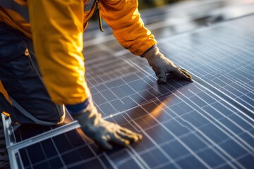 Male worker hands in glows on solar panel, technician installing solar panels on roof. Alternative energy sun energy power, ecological concept.
