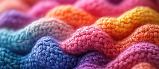 Colorful knitted fabric texture close-up with wavy patterns in shades of pink, orange, blue, and purple, suitable for background or textile design