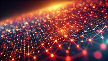 A futuristic network of glowing orange and red nodes connected by thin lines, creating a vast grid that stretches across a dark landscape