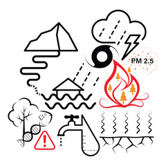 Bold, minimalistic illustration depicting climate change impact, including wildfire, flood, air pollution, and drought. Ideal for environmental campaign, editorial content, and educational material.