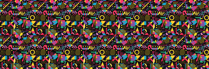 Obraz premium Seamless pattern with geometric shapes in the style. Multicolored vintage background with triangles, circles and squares for textile, fabric and Sudanese fabric art.