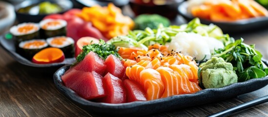 Assorted sushi and sashimi platter with fresh vegetables and wasabi on a wooden table Copy Space