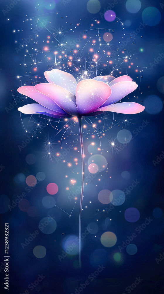 Poster a digital artwork of a glowing flower with shimmering petals illuminated against a soft blue backdro