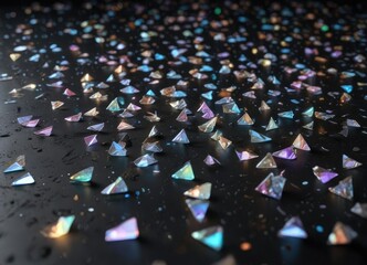 Fototapeta premium Holographic prism shards scattering across a darkened floor , optical effects, prismatic