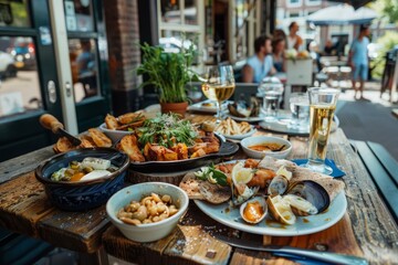 Fototapeta premium Delicious mediterranean food being shared on a restaurant terrace with people enjoying drinks in the background
