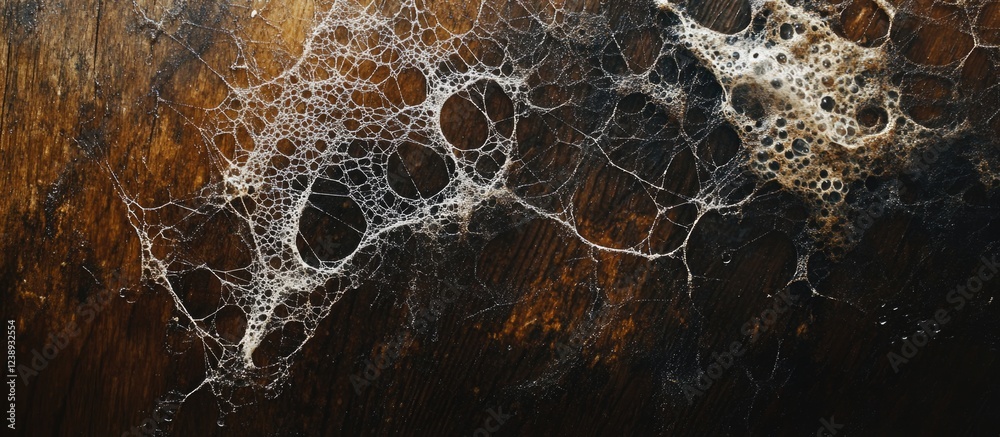 Poster close-up view of complex web-like soap bubbles on a dark wooden surface with textures and patterns v
