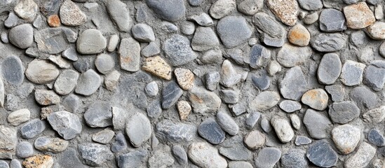 Stone wall texture with gravel pebbles in various shades of gray and brown suitable for background or surface use Copy Space