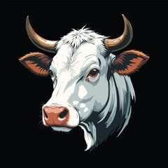 Close-up Illustration of a White Cow's Head/A stylized, close-up illustration of a cow's head, featuring a white coat with hints of orange/brown accents, set against a muted teal backdrop.
