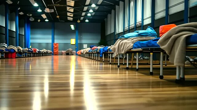 Rows of cots in a brightly lit gymnasium, each cot equipped with a blanket and essentials, symbolizing organized crisis response.