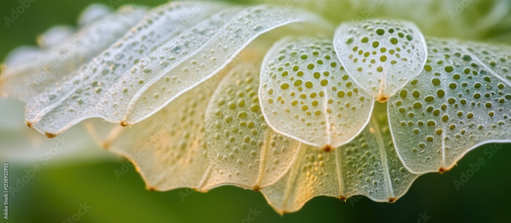 Poster close-up view of a delicate translucent leaf with water droplets on its surface showcasing intricate