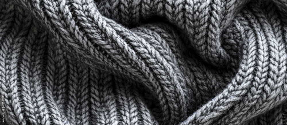 Poster close-up of textured gray knitted fabric showcasing intricate patterns and soft fibers with sufficie
