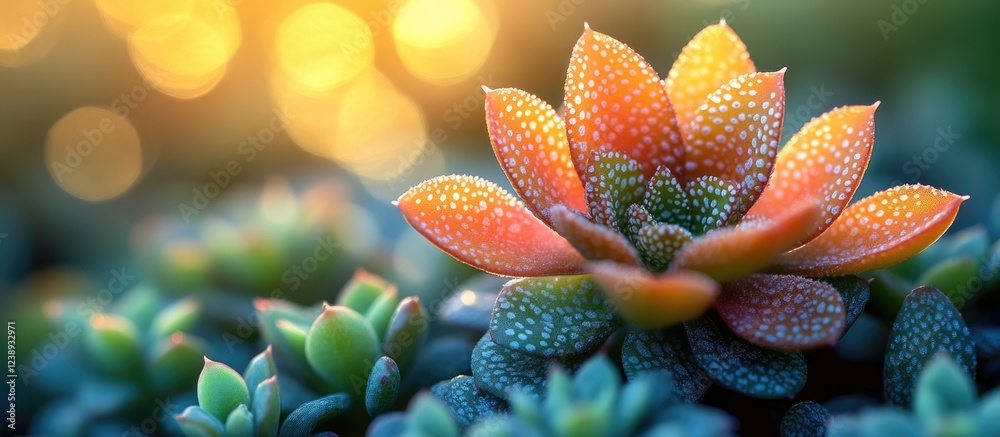 Sticker Colorful succulent plant with textured leaves in soft focus background with bokeh effect and warm sunlight Copy Space