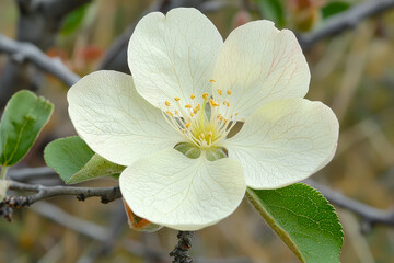 A beautiful white flower is in full bloom on a slender branch, surrounded by green leaves, showcasing nature\'s elegance in spring