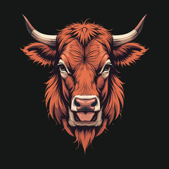 Fototapeta premium Fierce Bull Head Illustration in Vibrant Orange/This close-up illustration showcases a bull's head, rendered in a bold, stylized manner with rich orange hues against a deep navy background.