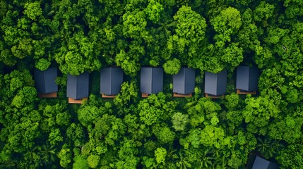 Aerial View of Eco-Friendly Tiny House Community Hidden in Dense Forest