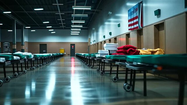 Rows of cots in a gym under dim emergency lighting, with relief supplies stacked in one corner, symbolizing disaster preparedness.