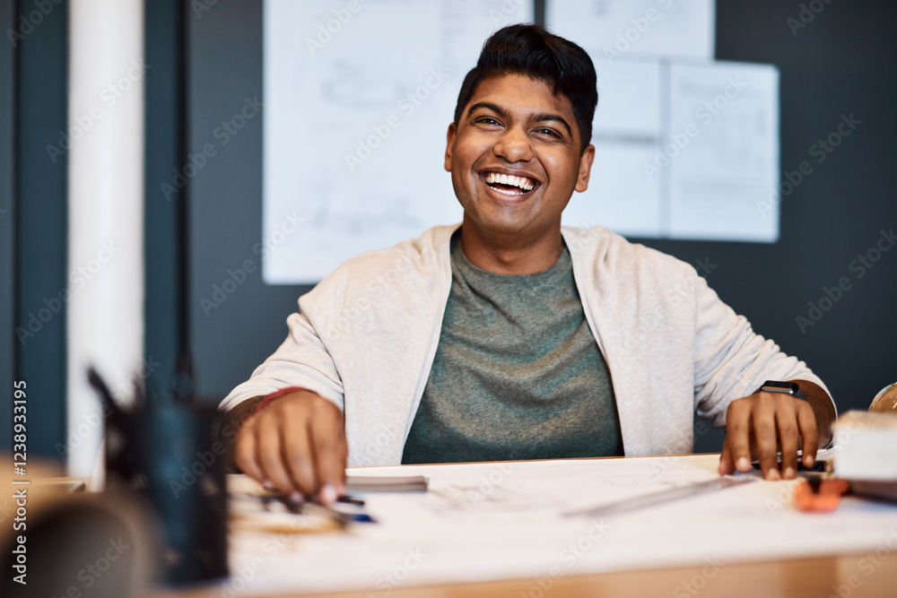 Poster portrait, man and architect with smile in office of architecture design, floor plan and project repo
