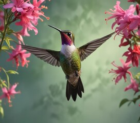 Fototapeta premium Hummingbird suspended mid air feeding on flower, suspended, mid-air, hummingbird