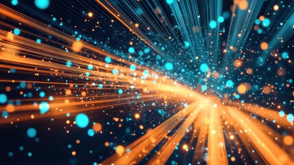 Naklejka premium Abstract blue and orange light streaks and particles in dark space.