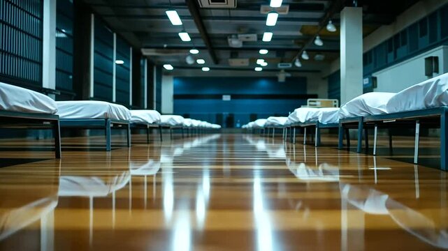 Rows of cots on a polished gym floor, emergency kits placed at the foot of each bed, symbolizing disaster relief preparedness.