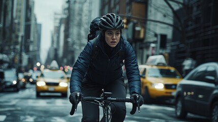Focused Female Cyclist Navigating Busy City Streets in Winter