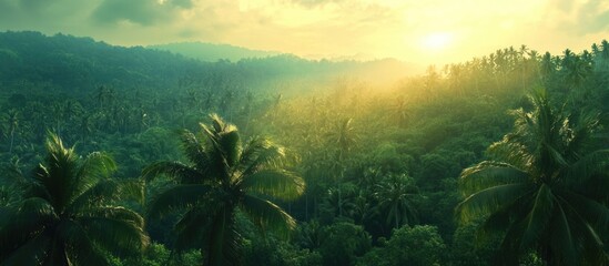 Lush tropical forest landscape during sunrise with palm trees and misty hills in the background Copy Space