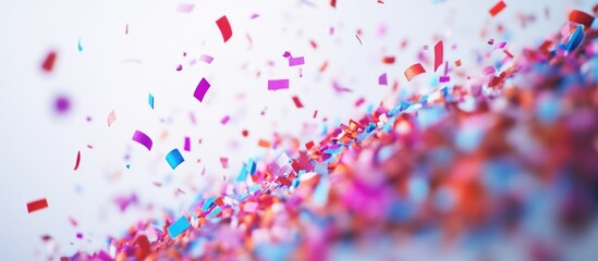 Colorful confetti scattered on a white background with a dynamic perspective and plenty of Copy Space for text insertion
