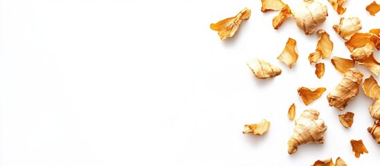 Dried ginger root pieces scattered on white background with ample copy space for text placement