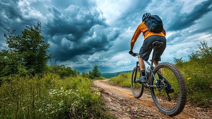 Fototapeta premium Mountain Biker Riding on Trail Under Dramatic Stormy Sky