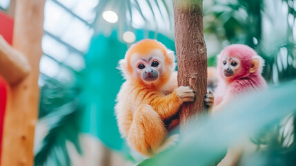Golden and Pink Primates Clinging to Branch