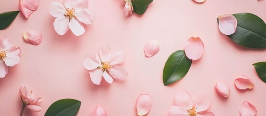 Pink flower petals and green leaves scattered on a soft pink background with Copy Space for text placement