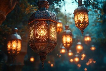 Obraz premium Glowing Lanterns Amidst Lush Greenery in a Tranquil Mystic Setting
