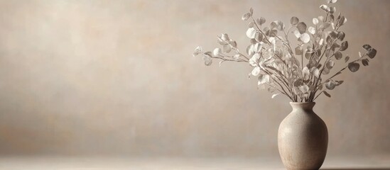 Minimalistic vase with dried flowers against a soft neutral background with ample Copy Space for text placement