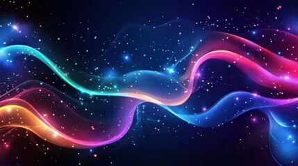 Obraz premium Abstract colorful glowing waves and particles in dark space.