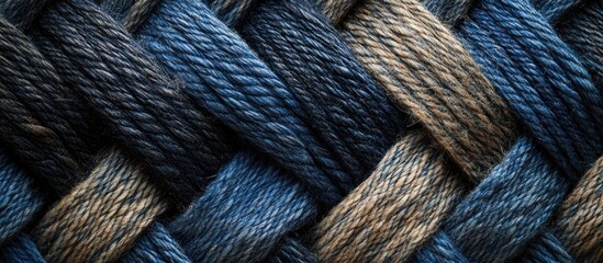 Textured woven fabric in shades of blue and brown resembling braided yarn with detailed fibers and copy space available for text.