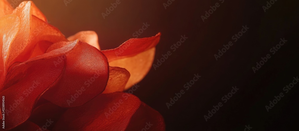 Poster close-up of delicate red flower petals on dark background with soft light and subtle gradients creat