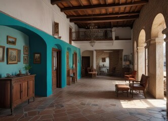 Obraz premium Interior del antiguo edificio colonia del sacramento con mobiliario antiguo , antigua ciudad, america, historia