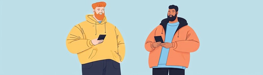 Two men using phones, casual clothing, light blue background, social media use