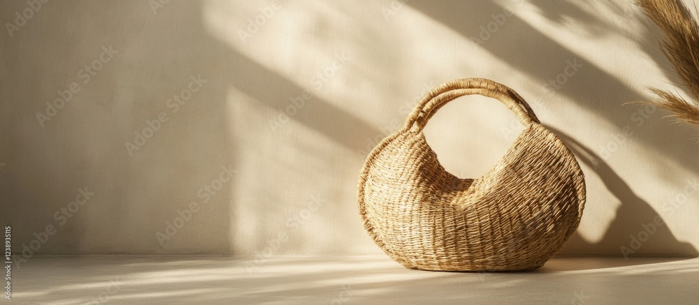 Poster Woven straw bag on a minimalist background with shadows creating a soft light effect and copy space for text placement