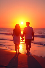 Lovers embracing sunset bliss beachside romance photograph serene ocean silhouette perspective love's tranquil moment