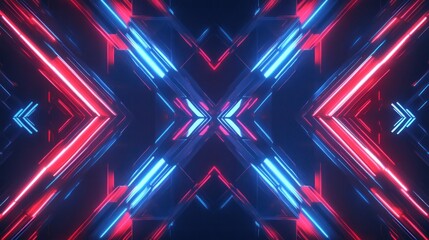Abstract red and blue neon light X-shaped geometric pattern background.