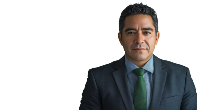 Confident hispanic businessman posing on transparent background