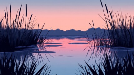 Peaceful Sunset over Still Water with Reeds