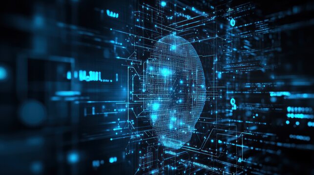 Futuristic digital brain in abstract network.