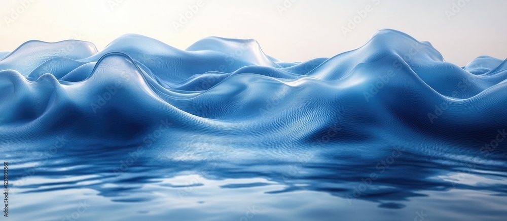 Poster abstract 3d rendering of blue waves and water texture with smooth surface and reflections suitable f