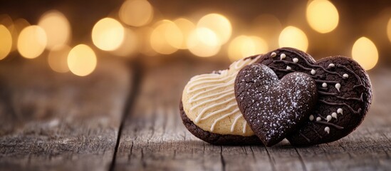 Heart-shaped cookies on a wooden table with blurred golden fairy lights in the background and soft focus for text placement Copy Space
