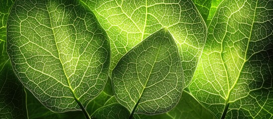 Close-up of green leaves with intricate vein patterns illuminated by natural light showcasing textures and organic details Copy Space