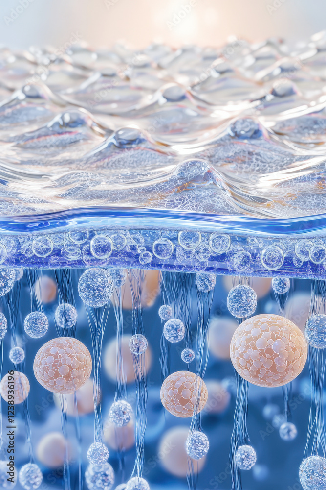 Leinwandbilder Delicate bubbles and spherical shapes float in clear liquid, illuminated by soft light, creating a tranquil, ethereal atmosphere