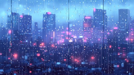 Rainy night cityscape viewed through rain-streaked window.