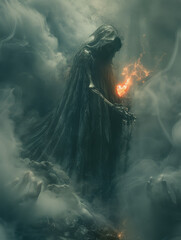 Mysterious figure embracing flames enigmatic landscape digital art dark atmosphere surreal concept
